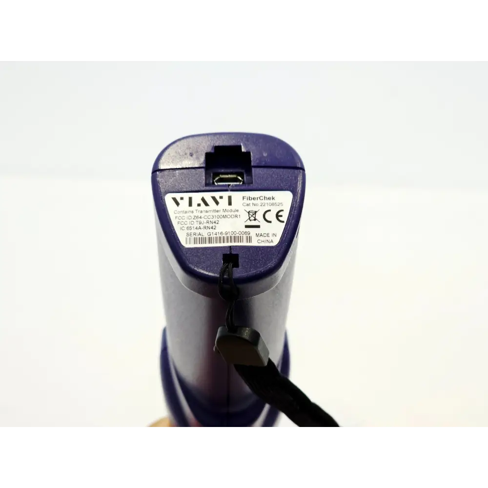 VIAVI FiberChek FIT-FC-KIT3 rear panel showing serial number G1416-9100-0069, micro-USB port, RJ45 port and CE mark
