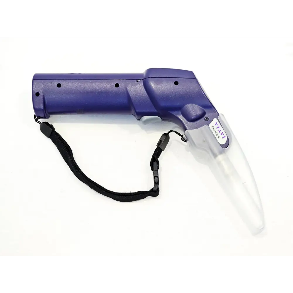 VIAVI FiberChek FIT-FC-KIT3 probe left-side view showing trigger button, FiberChek branding label and wrist strap