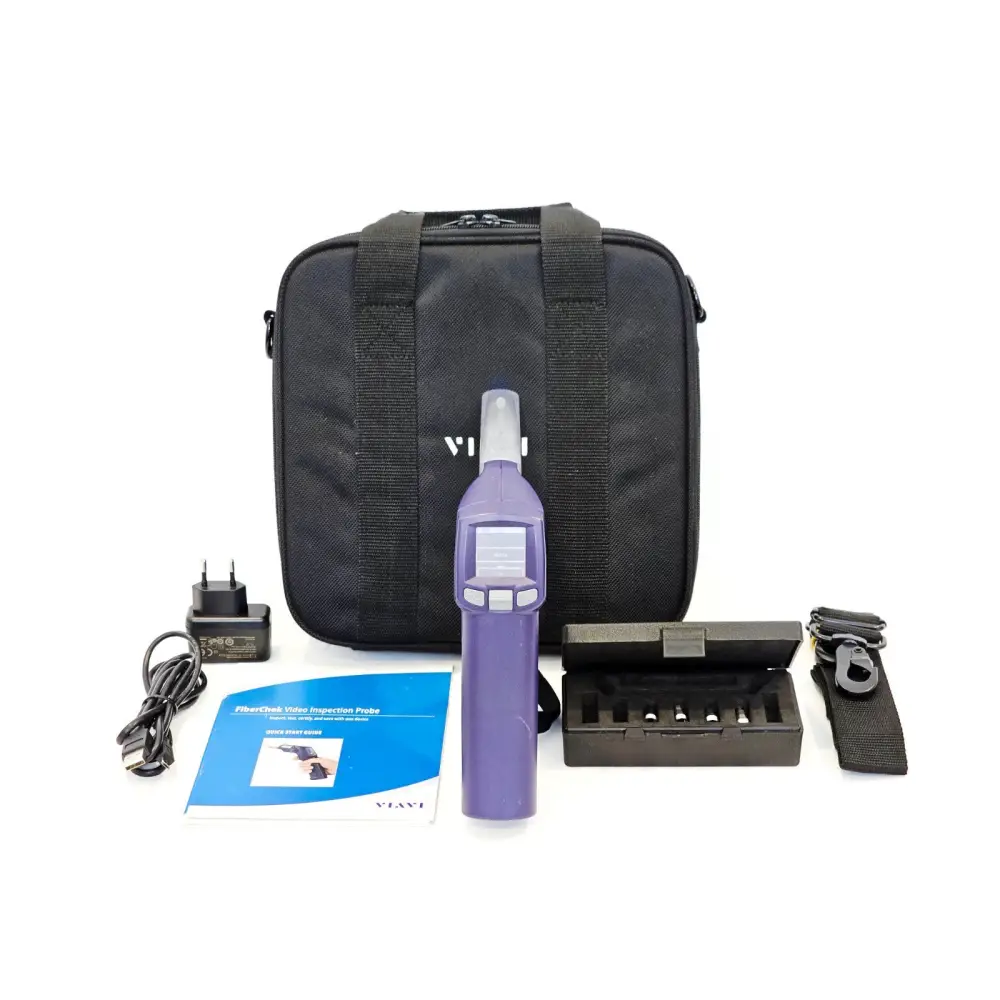 VIAVI FiberChek FIT-FC-KIT3 full kit contents: probe, 4 tips, case, charger, strap, quick start guide