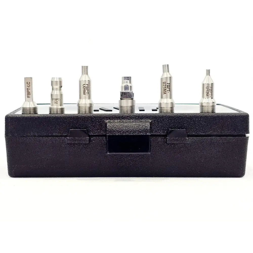 Close-up of FiberChek FIT-FC-KIT3 interchangeable tip connectors laid out for inspection