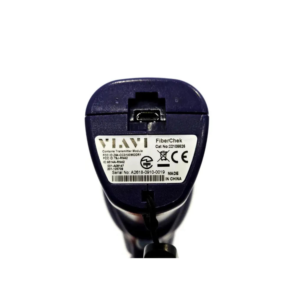 VIAVI FiberChek FIT-FC-KIT3 rear label showing Cat No. 22108626 serial number A2618-0910-0019 and micro-USB port