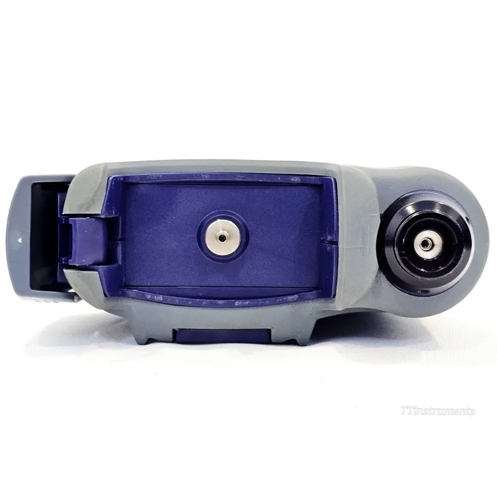 VIAVI JDSU OLP-82P top view showing open battery compartment, optical connector port and power input