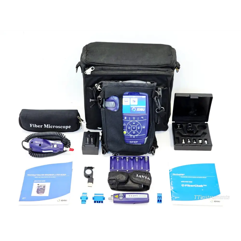 VIAVI JDSU OLP-82P complete kit laid out with P5000i probe, FFL-050 VFL, tips, carry bag and documentation
