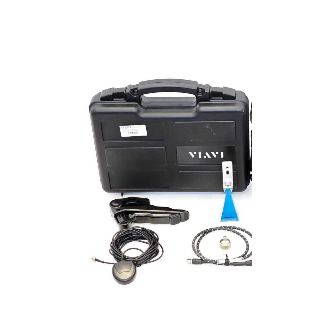 Viavi G700050370 RF horn antenna kit with carry case, tripod handle, GPS antenna, cable and adapter — overhead view