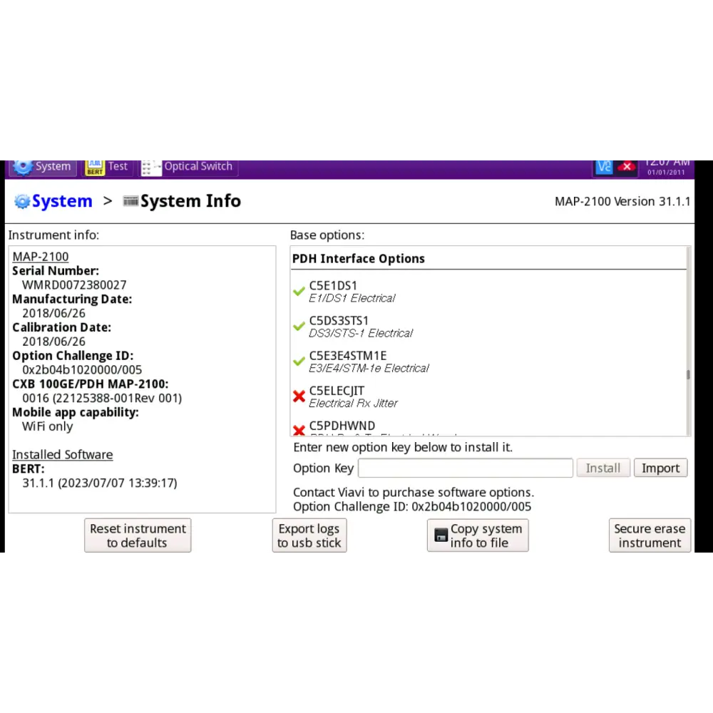 Viavi MAP-2100 licence screen showing PDH E1/DS1 and DS3/STS-1 interface options