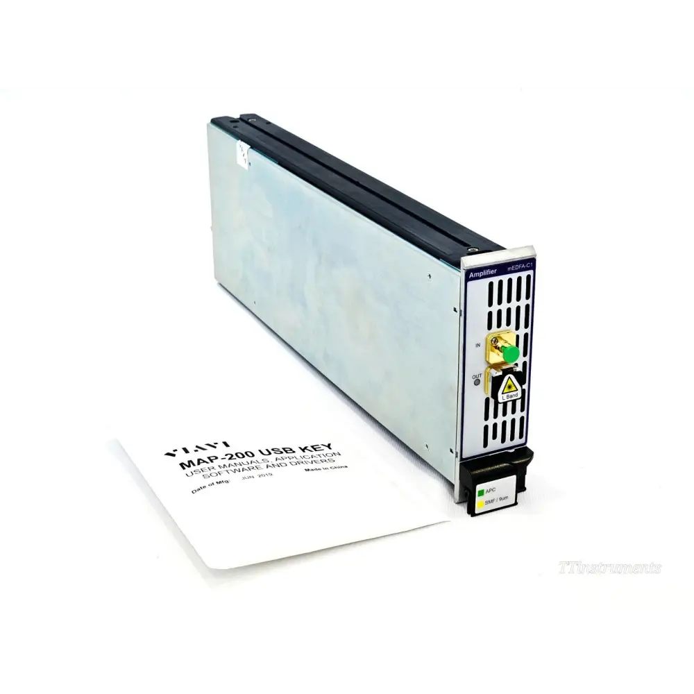 Viavi mEDFA-C1 L-band amplifier front panel showing IN/OUT FC/APC ports, L Band laser label, APC and SMF/9um indicators, with MAP-200 USB Key