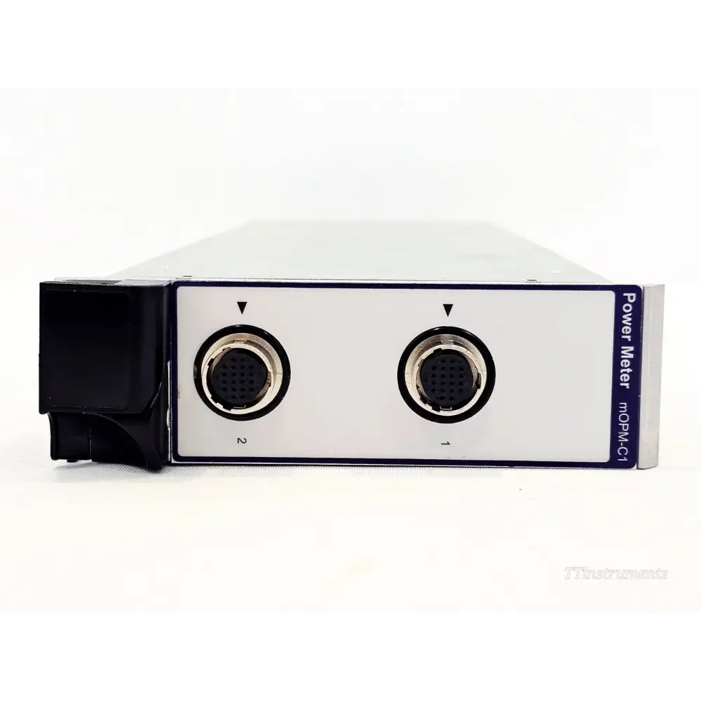 Viavi mOPM-C1RH2 faceplate close-up showing two remote head optical ports labelled 1 and 2 and Power Meter mOPM-C1 designation