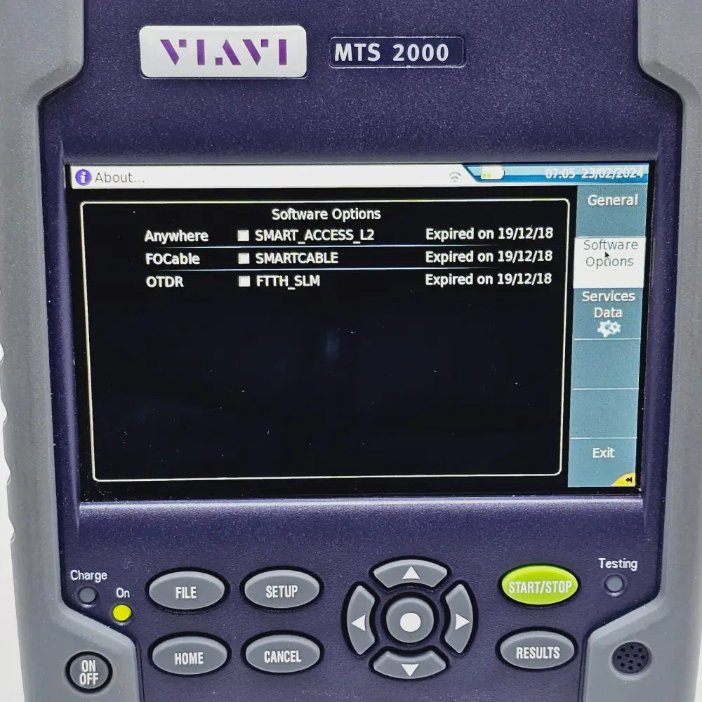 Viavi MTS 2000 power meter function screen showing optical power reading