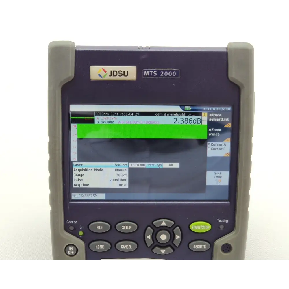 JDSU MTS 2000 touchscreen display showing OTDR measurement interface