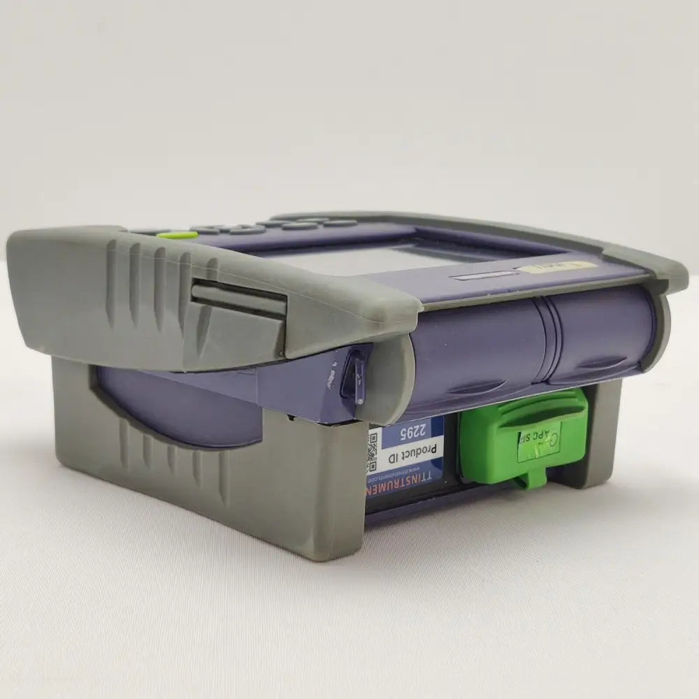 Full kit view of JDSU MTS 2000 OTDR with module, adapter, and carry bag