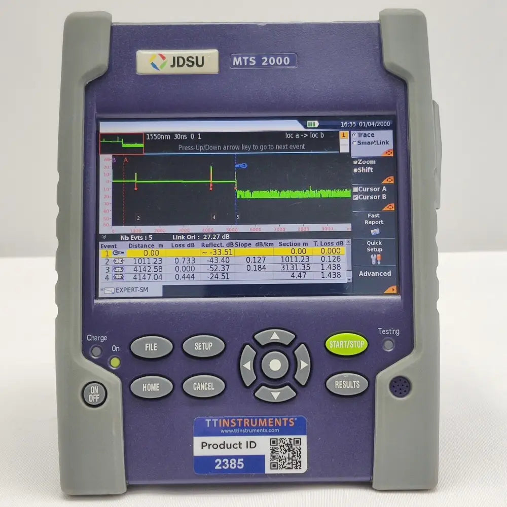 Viavi MTS 2000 touchscreen display showing OTDR measurement interface