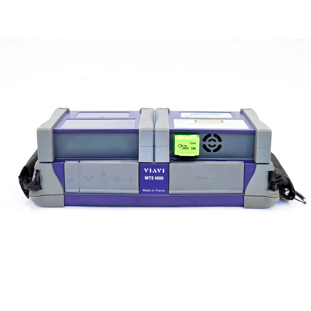 Viavi MTS 4000 V2 top panel showing MTS 4000 nameplate, Live APC SM port cap and cooling vent