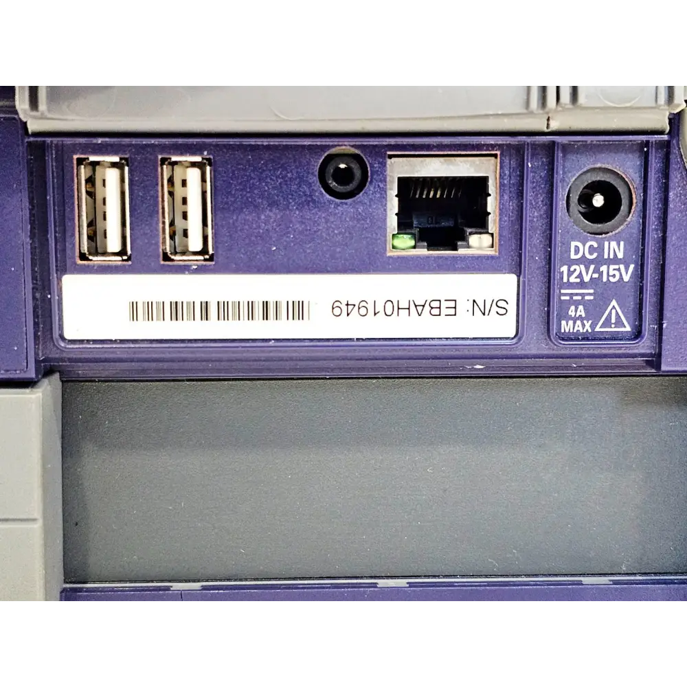 Viavi MTS 4000 V2 connector panel showing dual USB ports, Ethernet, DC IN 12–15V and serial number EBAH01949