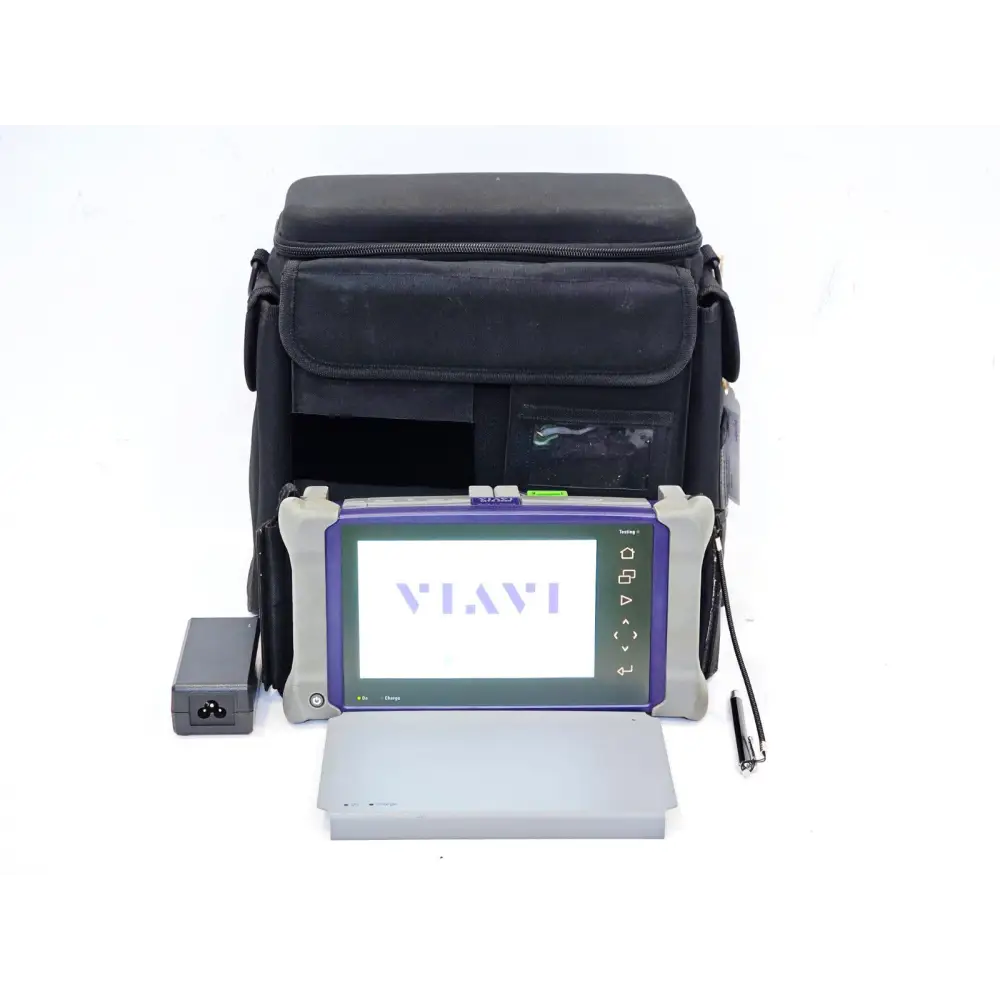 Viavi MTS 4000 V2 OTDR full kit overview with carry case, AC adapter, stylus and battery pack