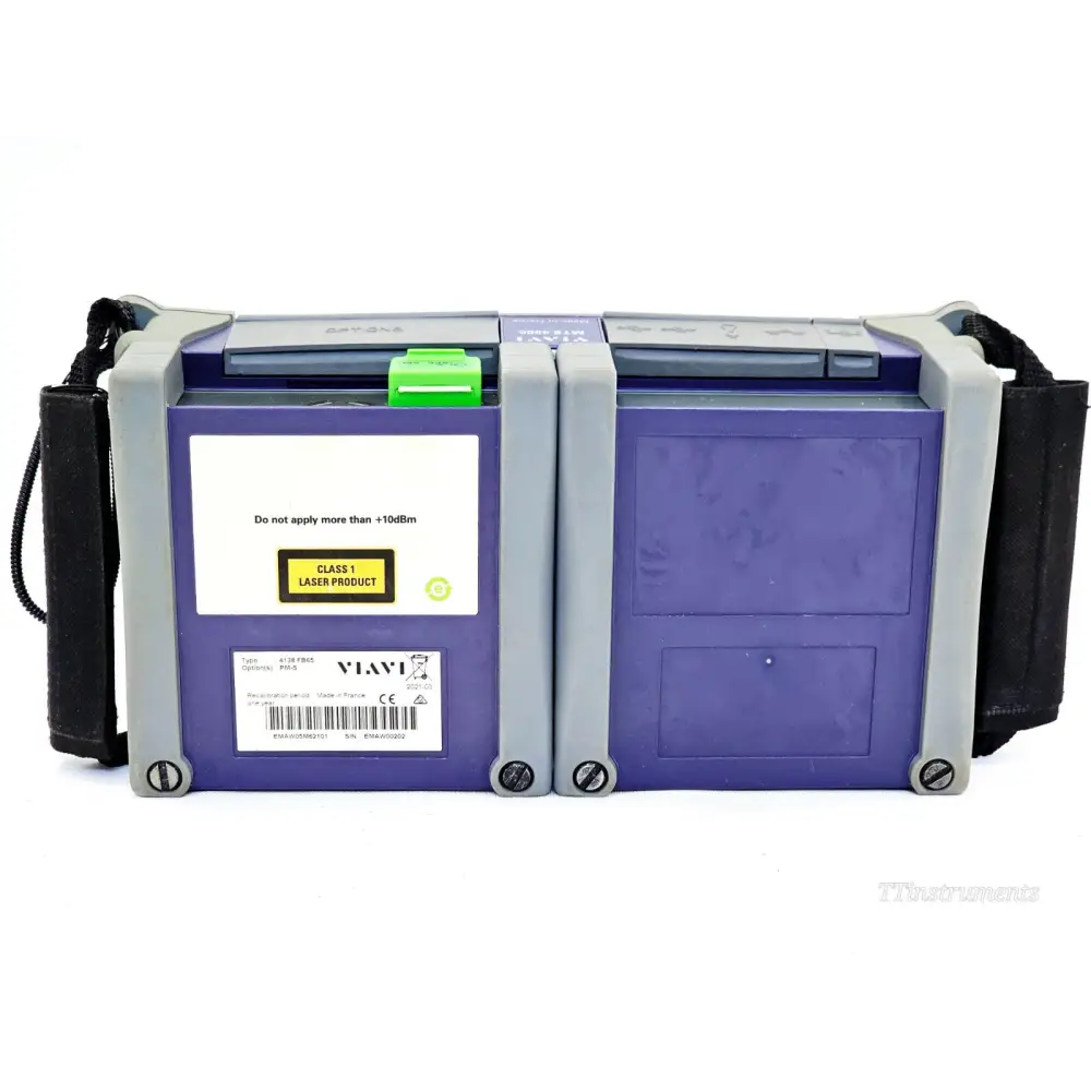VIAVI MTS 4000 V2 rear showing 4138 FB65 module label, Class 1 laser warning, SC-APC port and serial number sticker
