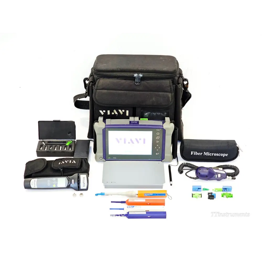 VIAVI MTS 4000 V2 OTDR full kit laid out with P5000i microscope, FI-60 fibre identifier, cleaning tools and carry case