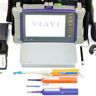 VIAVI MTS 4000 V2 OTDR full kit laid out with P5000i microscope, FI-60 fibre identifier, cleaning tools and carry case