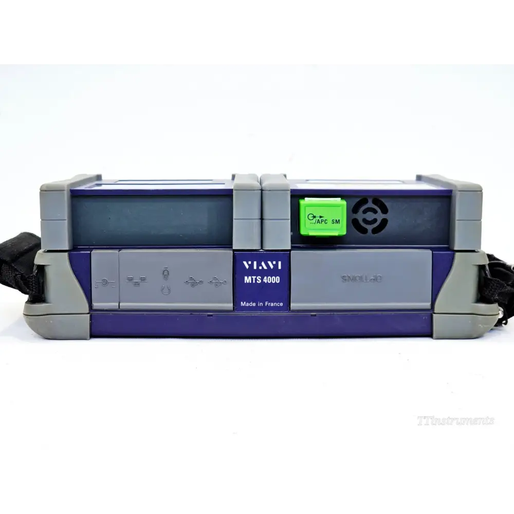 VIAVI MTS 4000 V2 top panel showing VIAVI MTS 4000 label, SC-APC OTDR port with green connector, and USB/I/O ports