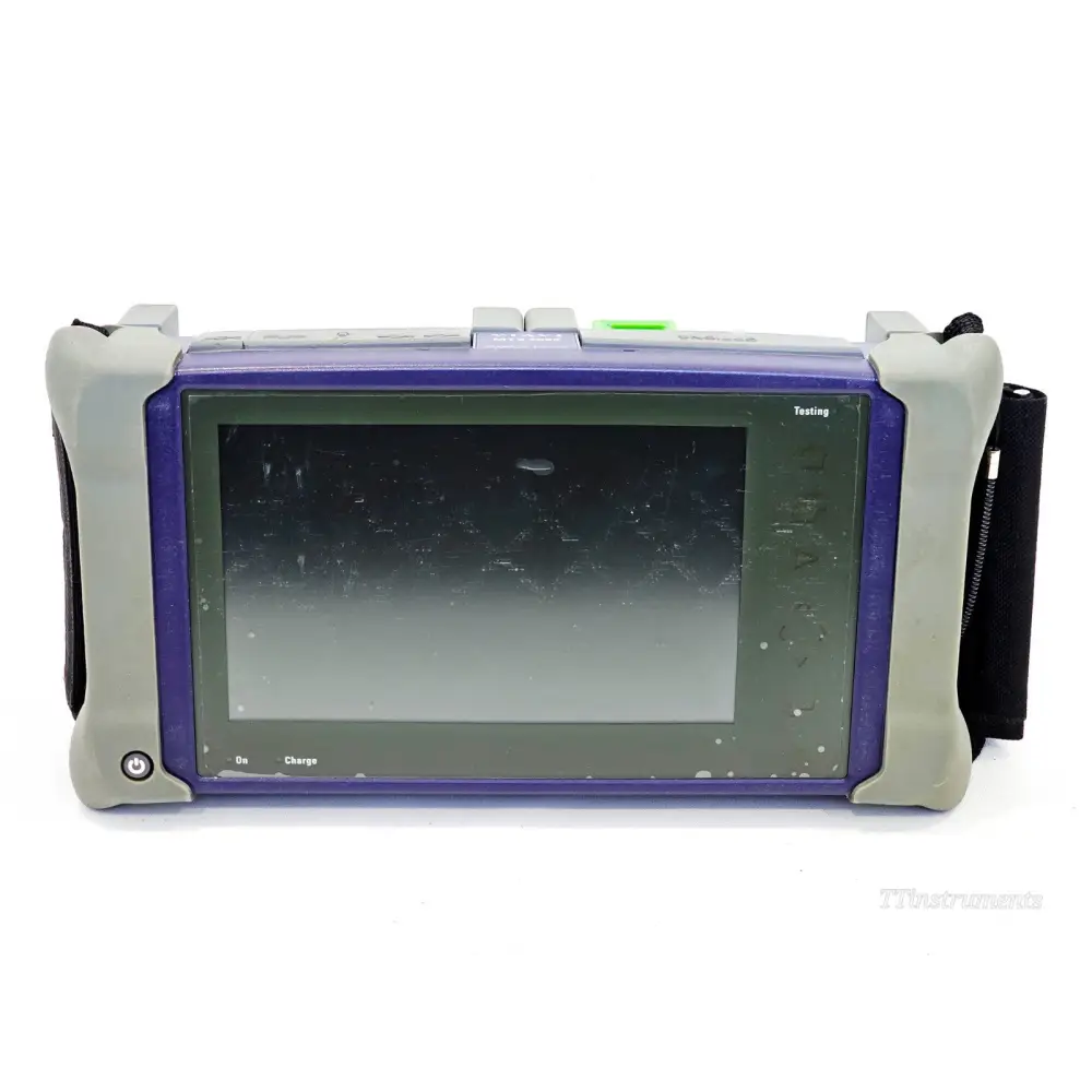 VIAVI MTS 4000 V2 front view showing 9-inch touchscreen, power button, On and Charge indicators with hand strap