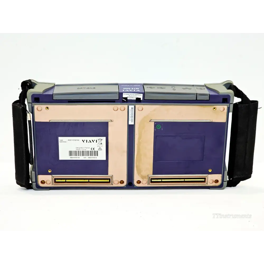 VIAVI MTS 4000 V2 underside showing dual module bay connectors, 4000 V2 Series label, and manufacture date 2021-01