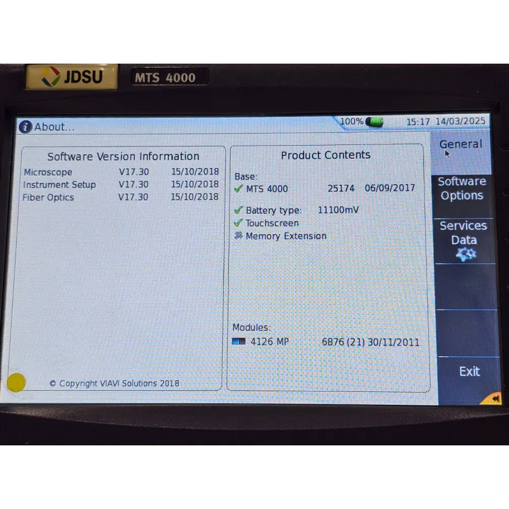 Viavi 4126 MP module label showing 1310/1550 nm wavelengths and APC connector type
