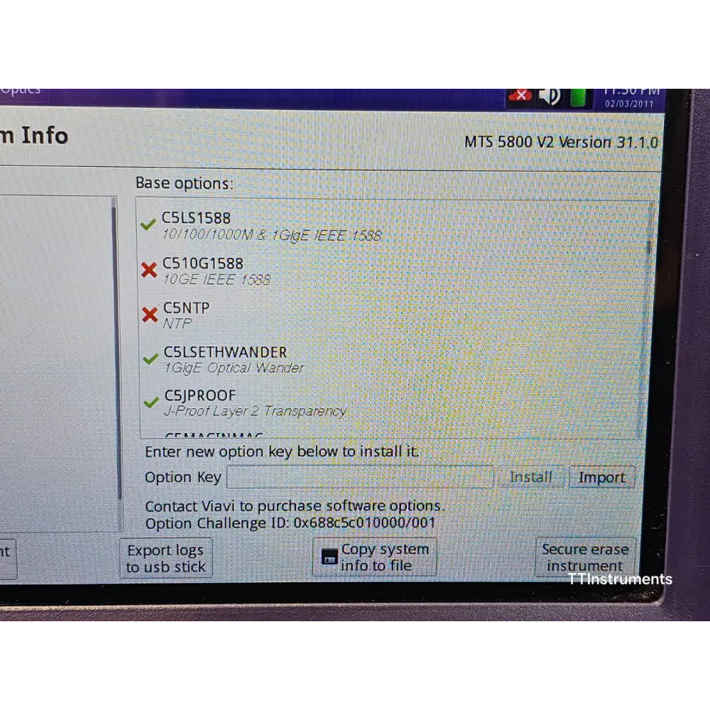 MTS 5800 v2 OTN test option licence screen detail