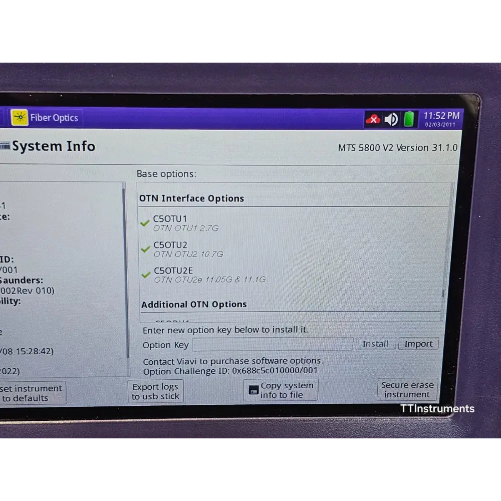 Viavi MTS 5800 v2 displaying Y.1564 Ethernet service activation test menu