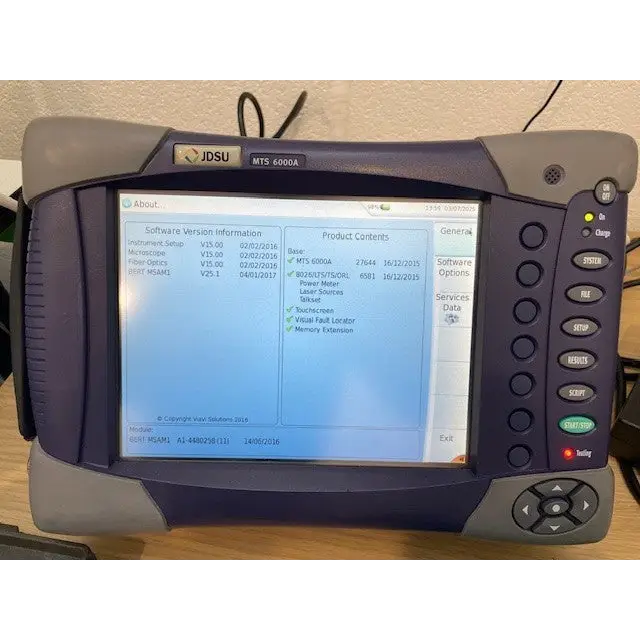 Viavi JDSU MTS 6000A About screen showing active software options and MSAM1 module serial number