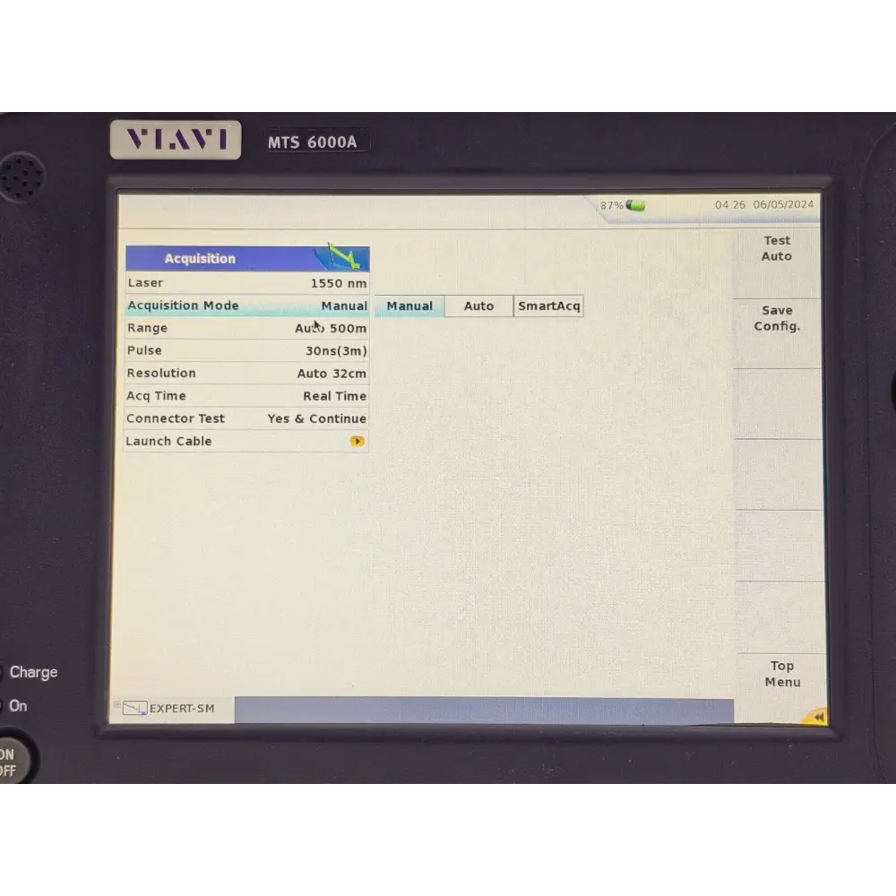 SMART TEST software interface shown on Viavi MTS 6000A V2 touch screen