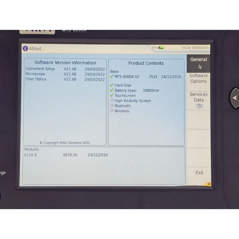 Viavi MTS 6000A V2 top view showing touch screen and module slot