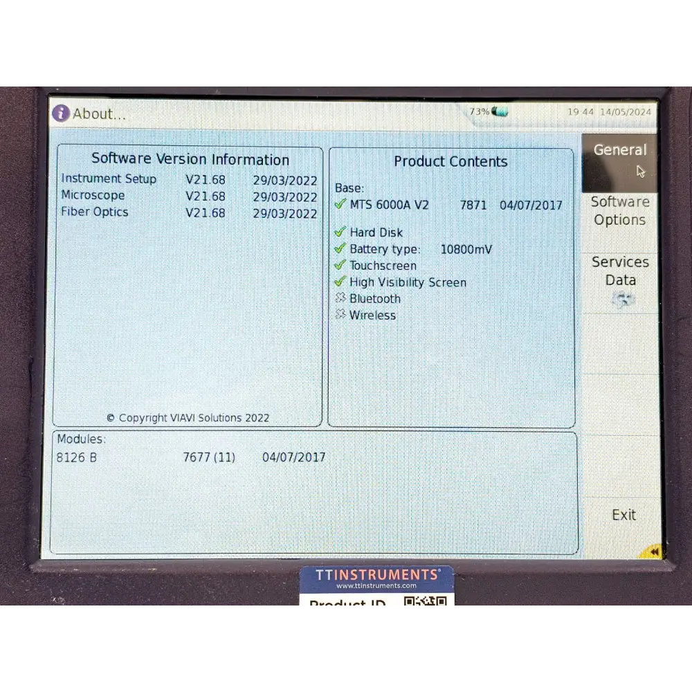 Viavi MTS 6000A V2 unit powered on showing boot screen and VIAVI logo