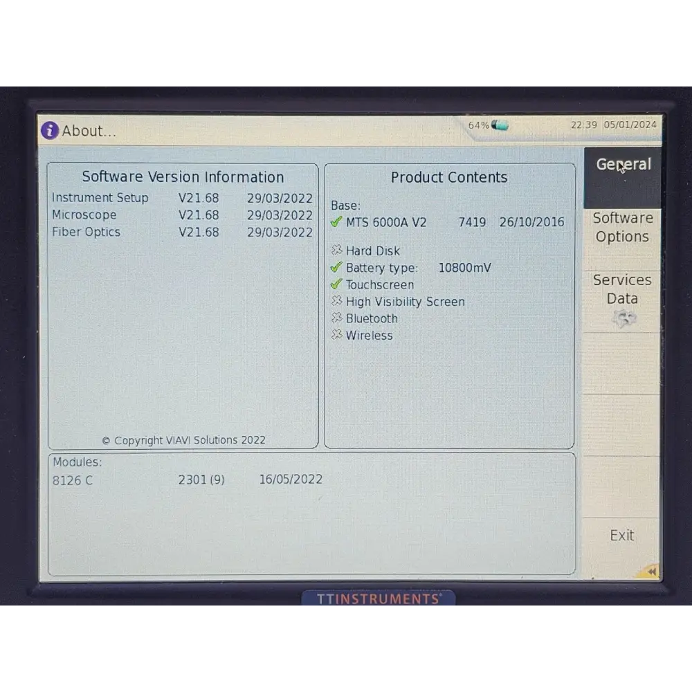 Viavi MTS 6000A V2 screen displaying SMART TEST software option menu