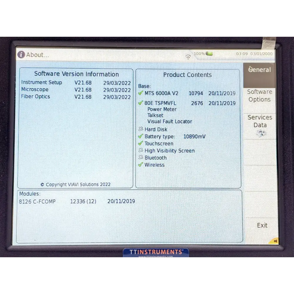 Viavi MTS 6000A V2 SMART TEST software interface on touchscreen display