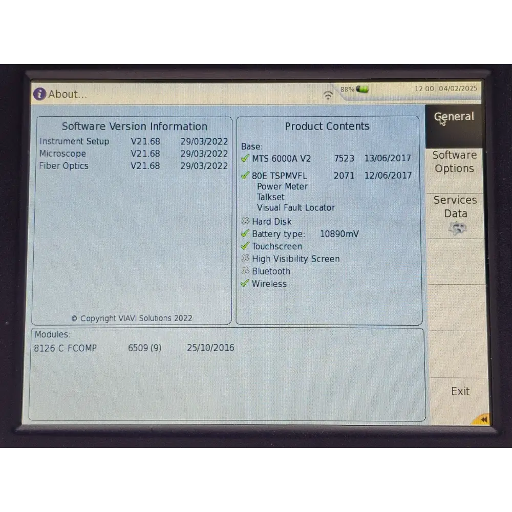 Viavi 8126C SM OTDR module label showing serial number and wavelength specifications