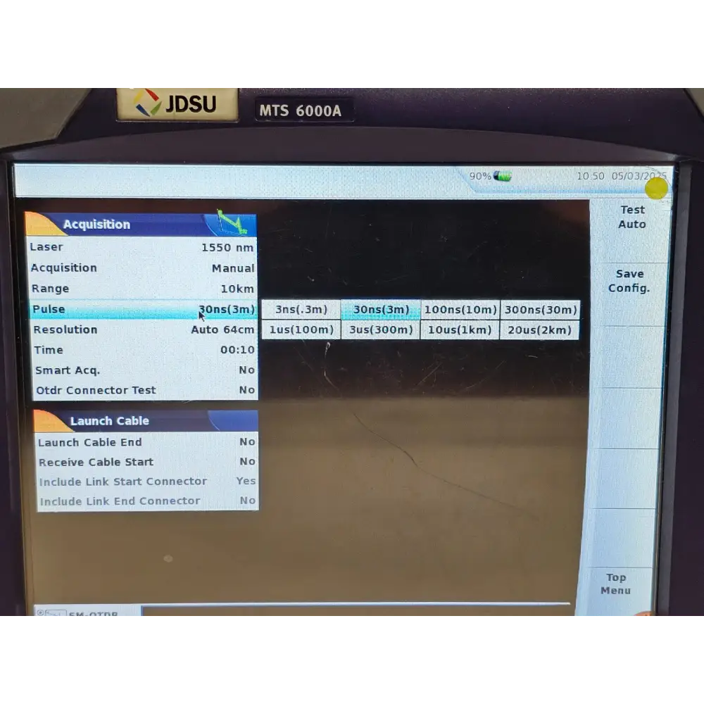 JDSU MTS 6000A screen showing single-mode OTDR wavelength selection menu