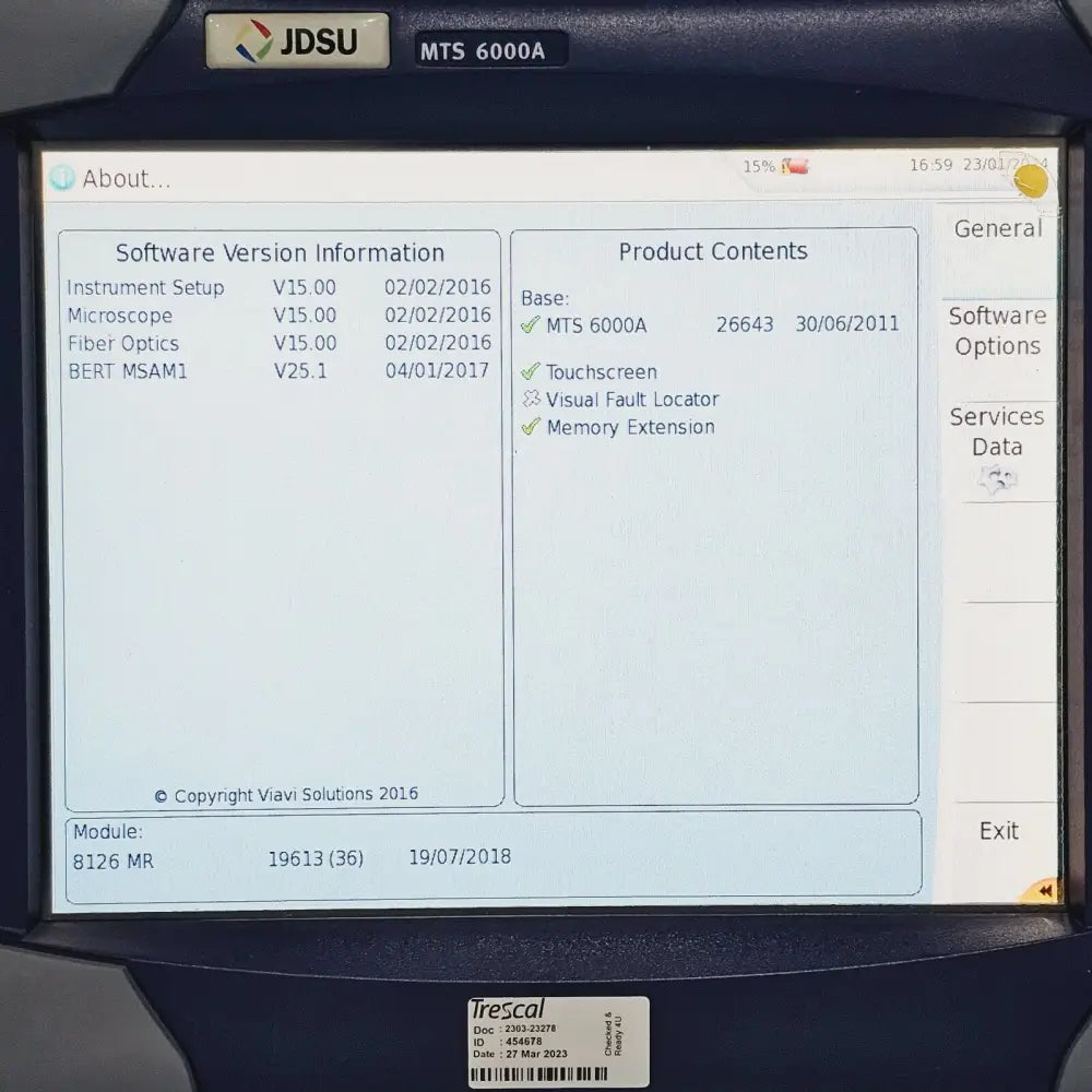 MTS 6000A touchscreen display showing OTDR trace interface