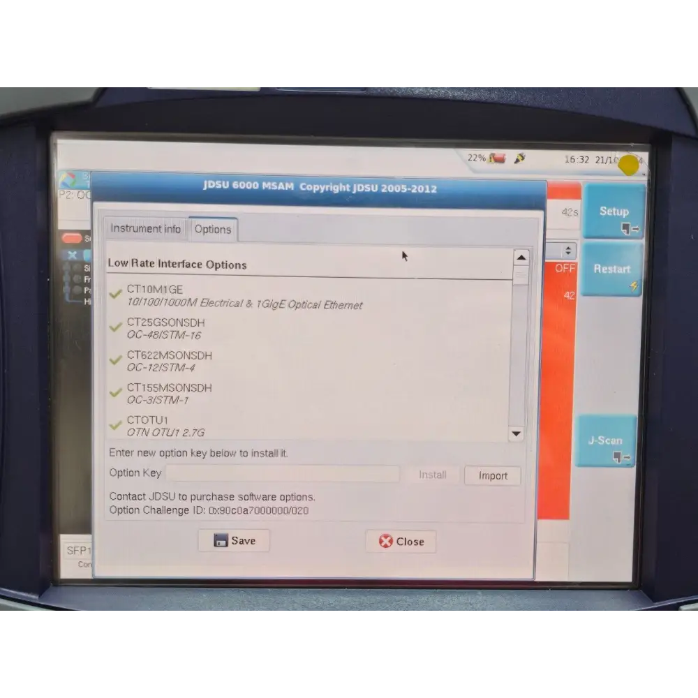 MTS 6000A touchscreen showing OTN test configuration menu