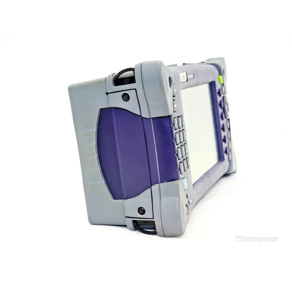 JDSU MTS T-BERD 4000 fibre optic mainframe left-side view showing module bay cover and rugged grey protective chassis