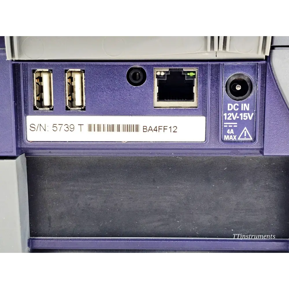 JDSU MTS T-BERD 4000 top edge showing dual USB ports, Ethernet port, audio jack, DC IN 12–15V connector and serial number label SN 5739