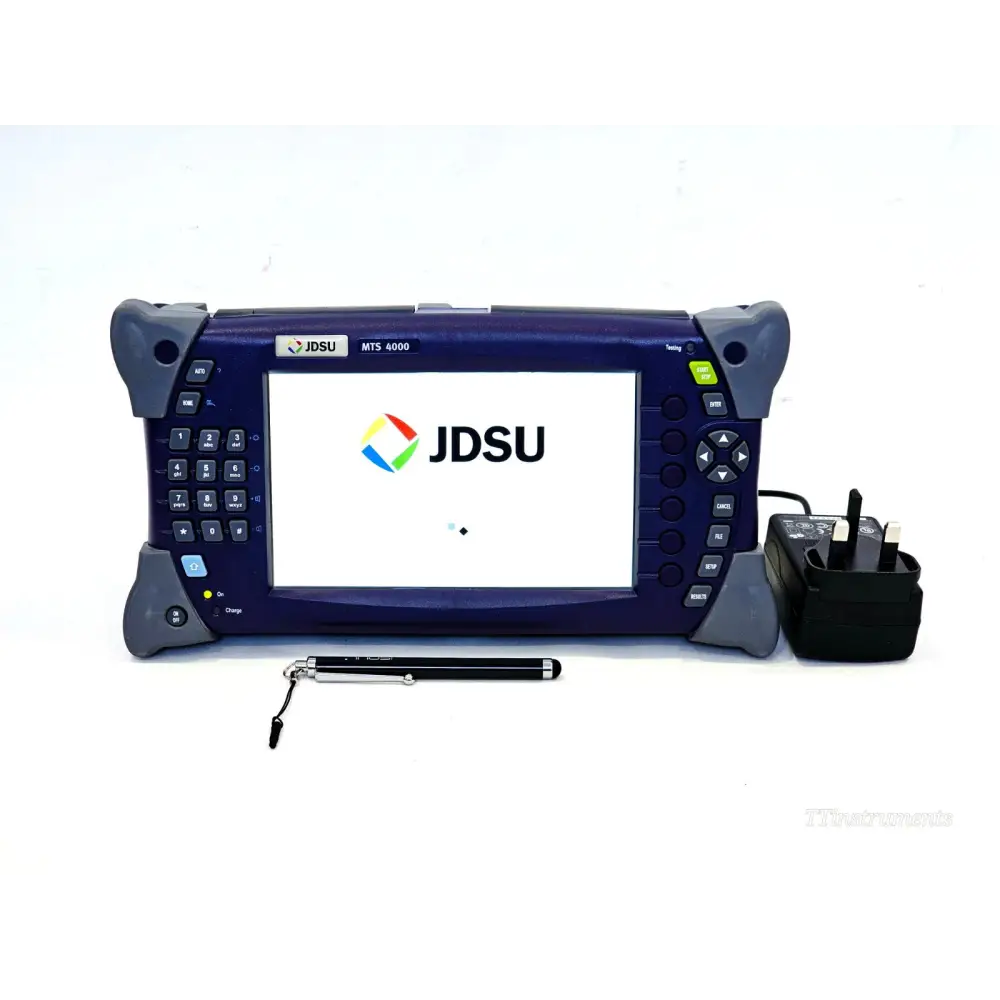 JDSU MTS T-BERD 4000 fibre optic test mainframe front view powered on showing JDSU boot screen with stylus and UK power adapter