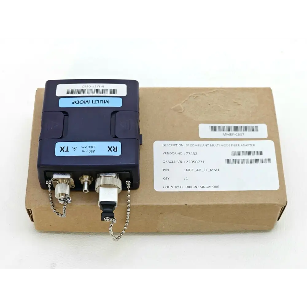Viavi MMEF-C637 NGC_AD_EF_MM1 multimode EF adapter front view showing RX TX ports 850nm 1300nm label