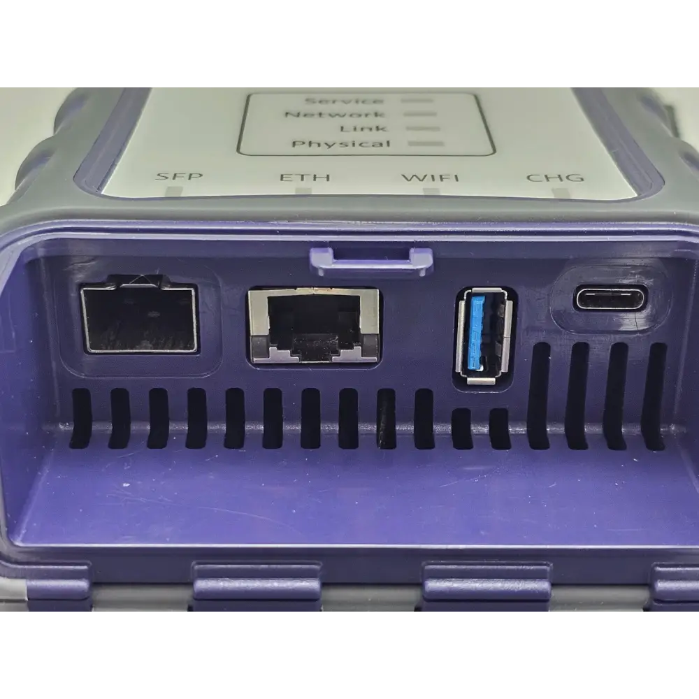 VIAVI NSC-100 bottom port panel showing SFP slot, RJ45 Ethernet port, USB-A and USB-C charging connectors