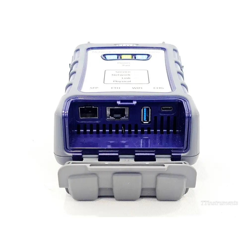 VIAVI NSC-100 bottom port bay open showing SFP slot, RJ45 Ethernet port, USB-A 3.0 host port and USB-C charge port