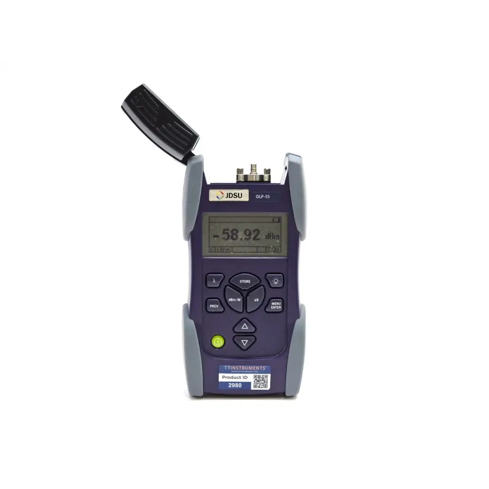 JDSU OLP-55 optical power meter BN 2277/01 front view, display reading -58.92 dBm at 1310nm, port cap open