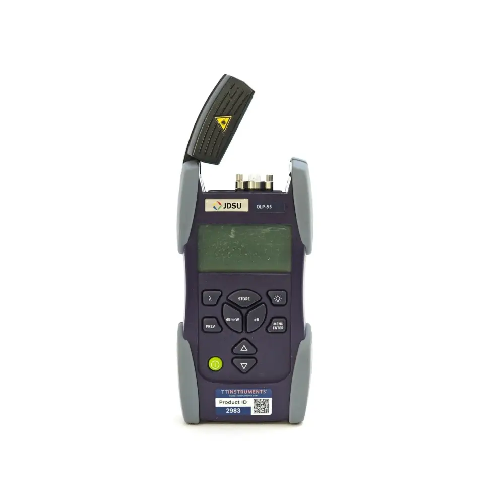 JDSU OLP-55 optical power meter front view with port cover open, TT Instruments product ID 2983 label visible