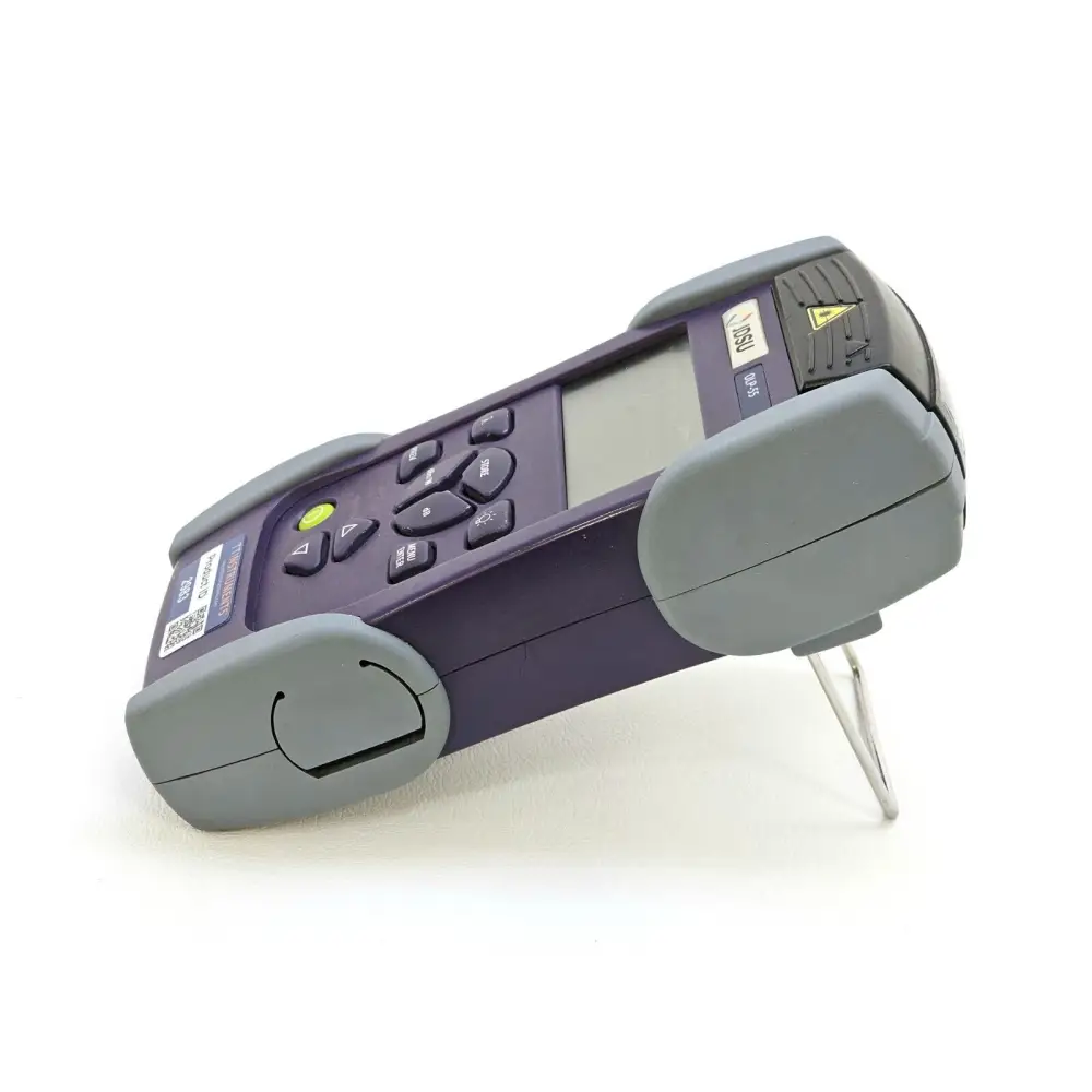 JDSU OLP-55 optical power meter side angle view showing keypad, display, port cover and built-in stand deployed