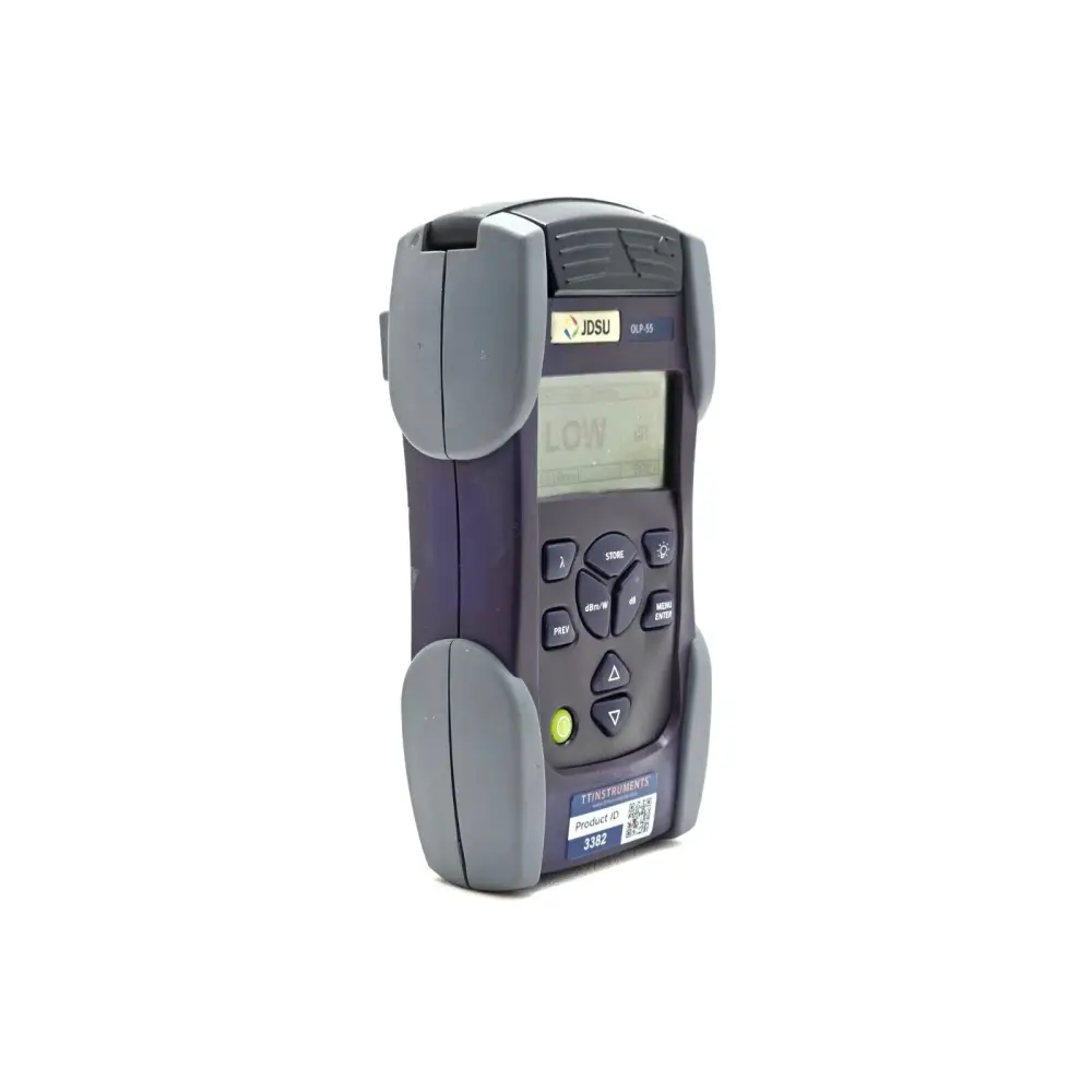 JDSU OLP-55 left-side angle view with port cap closed, display showing LOW reading, TT Instruments label visible