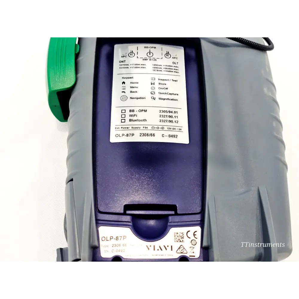 VIAVI OLP-87P rear label showing type 2306/66 serial C-0492 with BB-OPM WiFi Bluetooth options unchecked