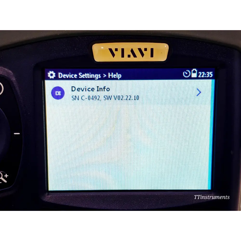 VIAVI OLP-87P display showing Device Settings screen — SN C-0492, firmware SW V02.22.10