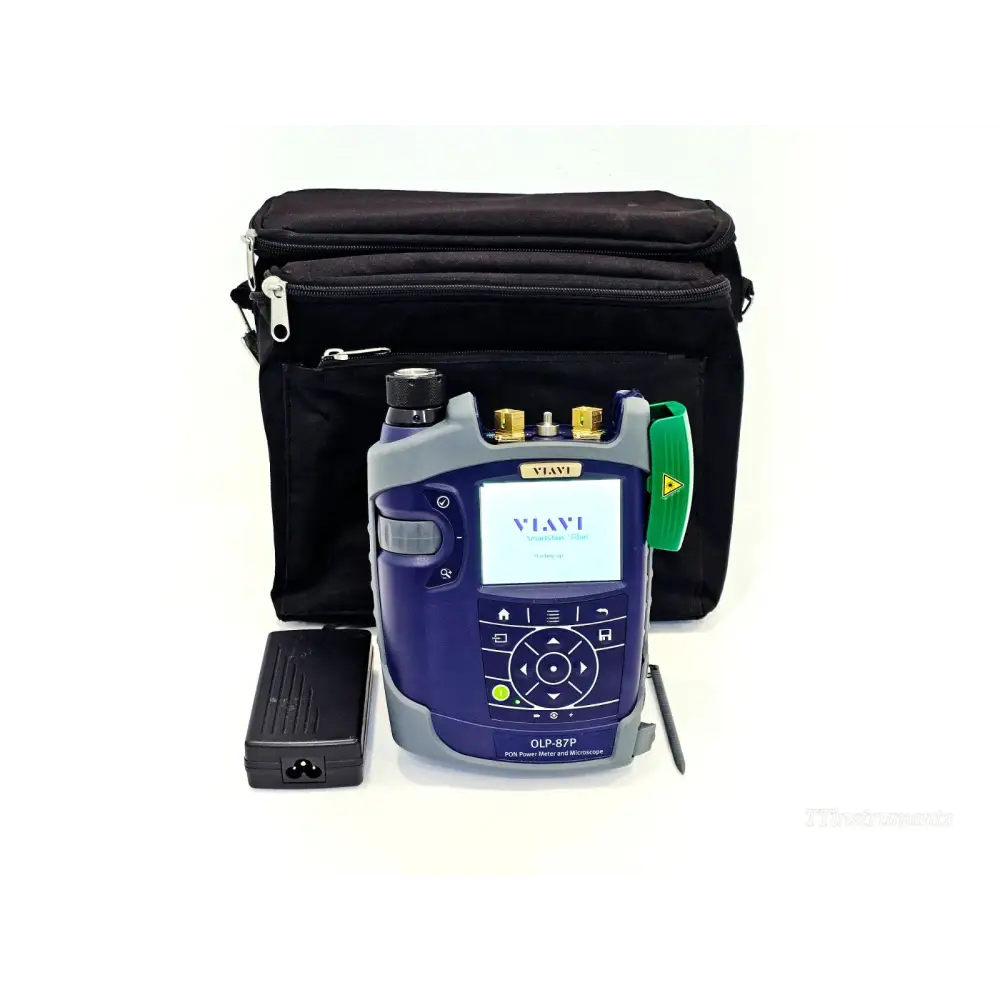VIAVI OLP-87P PON Power Meter 2306/66 with carry bag, mains adapter and stylus on white background